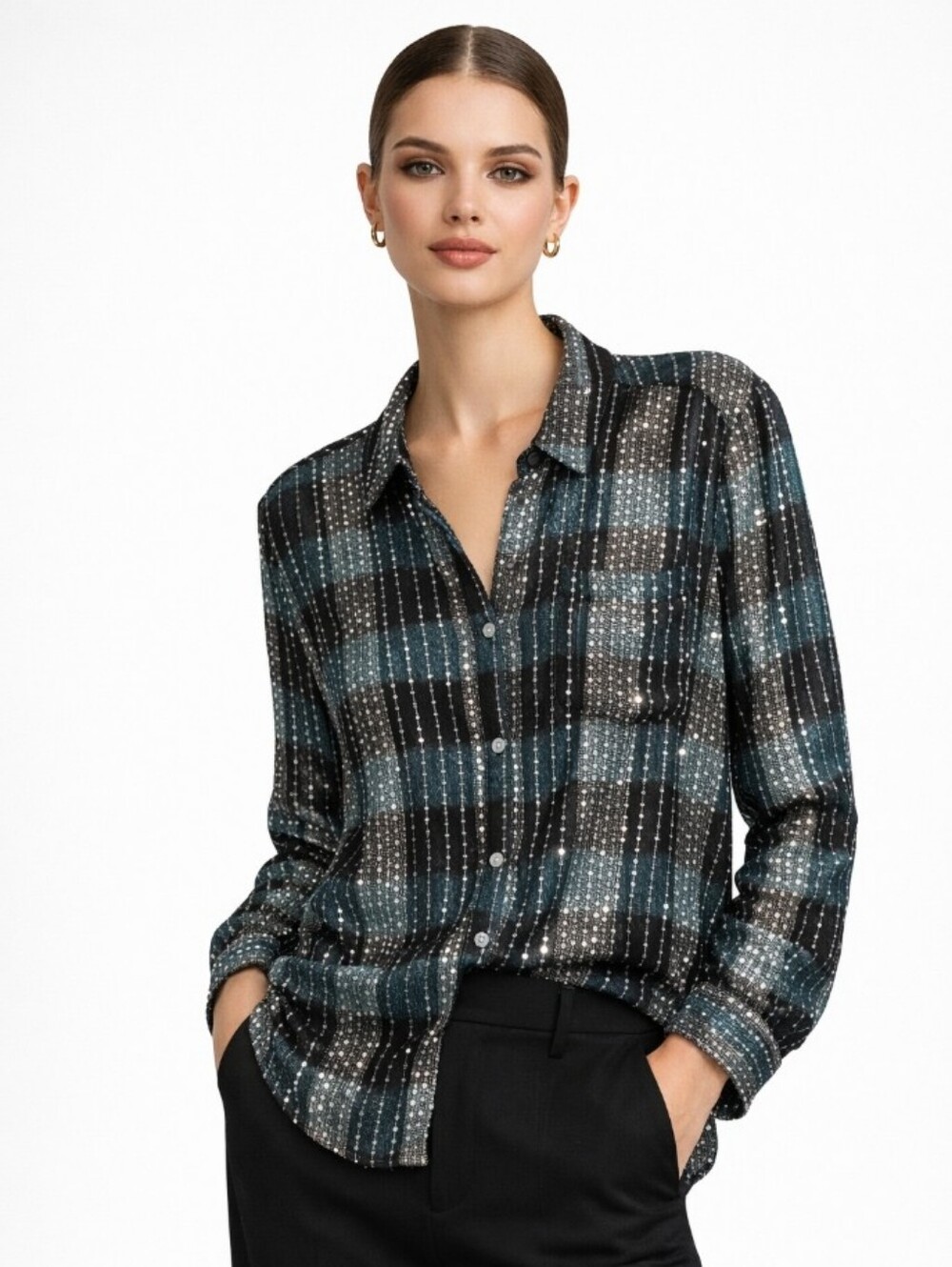 Style & Co. Teal Black Plaid Button-Up Sparkle Shirt XL